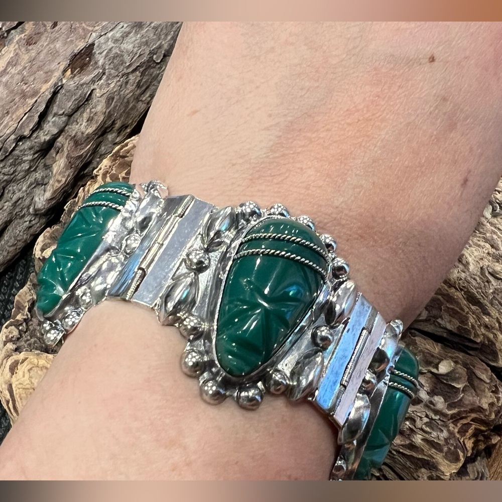 Taxco Mexico Green Onyx Jade Bracelet Panel Modernist Tribal Maya Aztec 1940’s